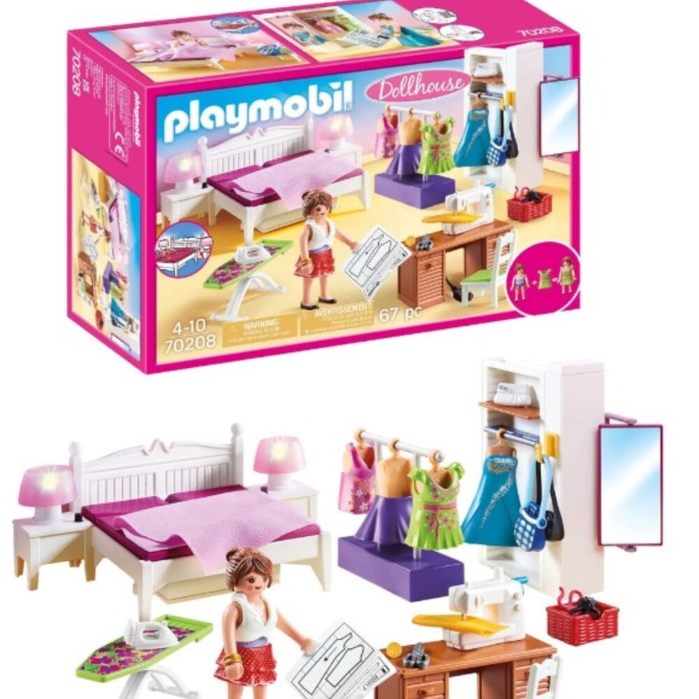 PLAYMOBIL 70208 Dollhouse Master Bedroom w/Interchangeable Dresses & Lighting